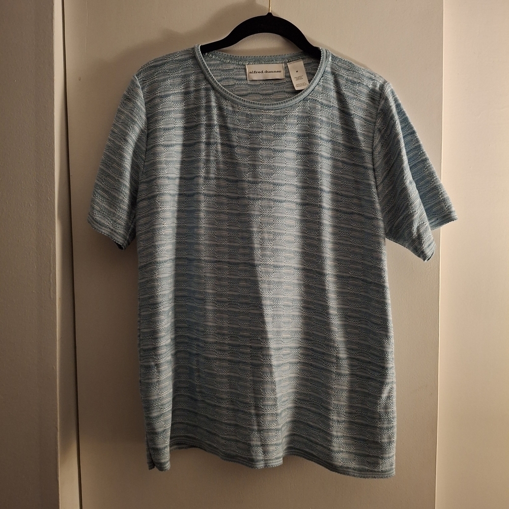 Alfred Dunner Women's Light Blue And White Patterned Sweater Top
